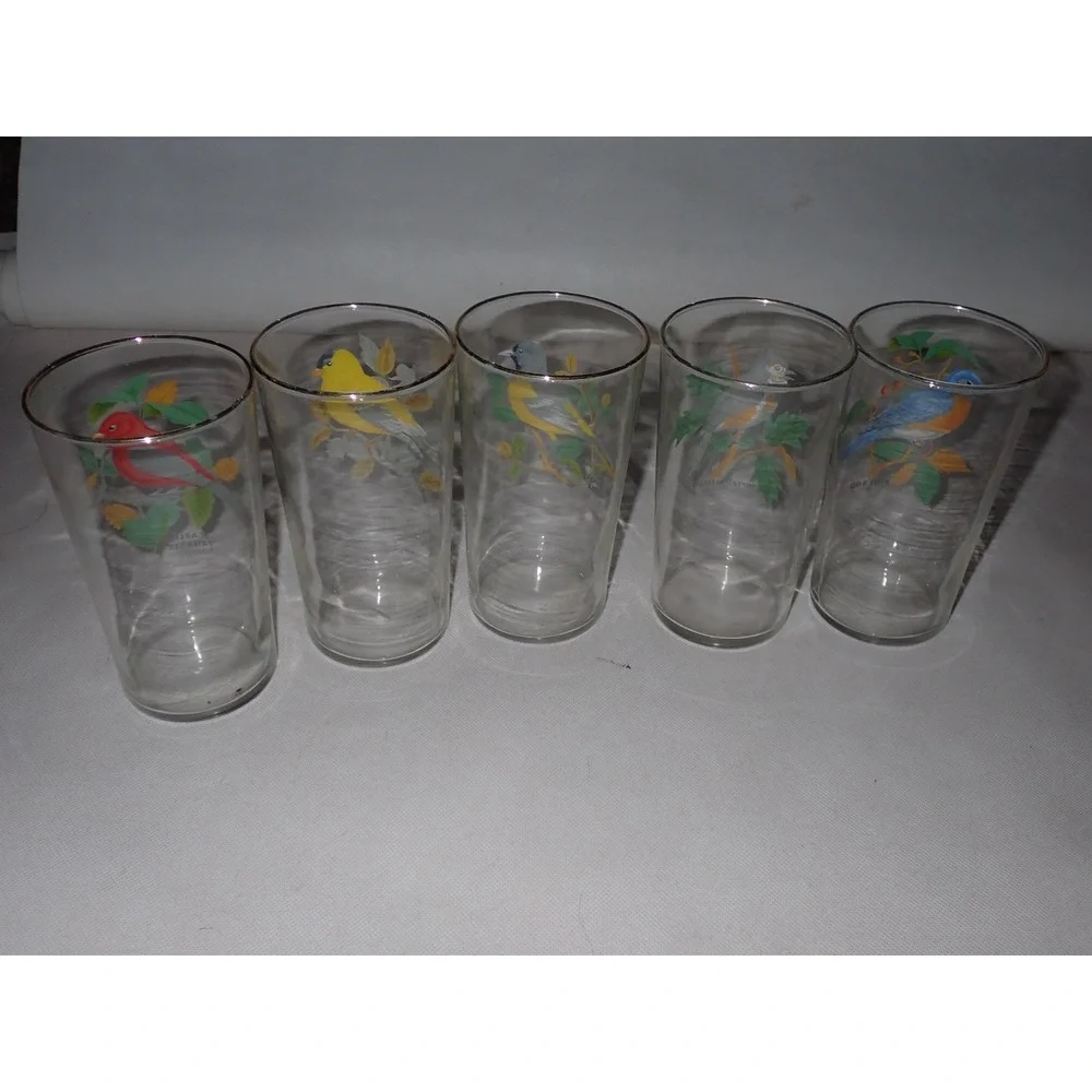 5 Vintage West Virginia Glass Co MCM American Songbird Glasses gold rim Tumblers